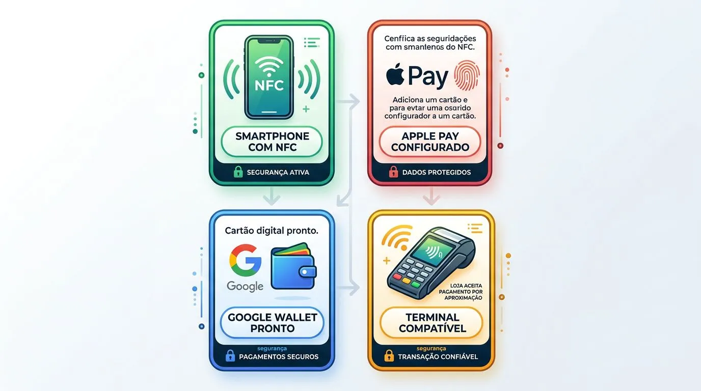 Infográfico com blocos comparando celular com NFC, Apple Pay, Google Wallet e terminal compatível