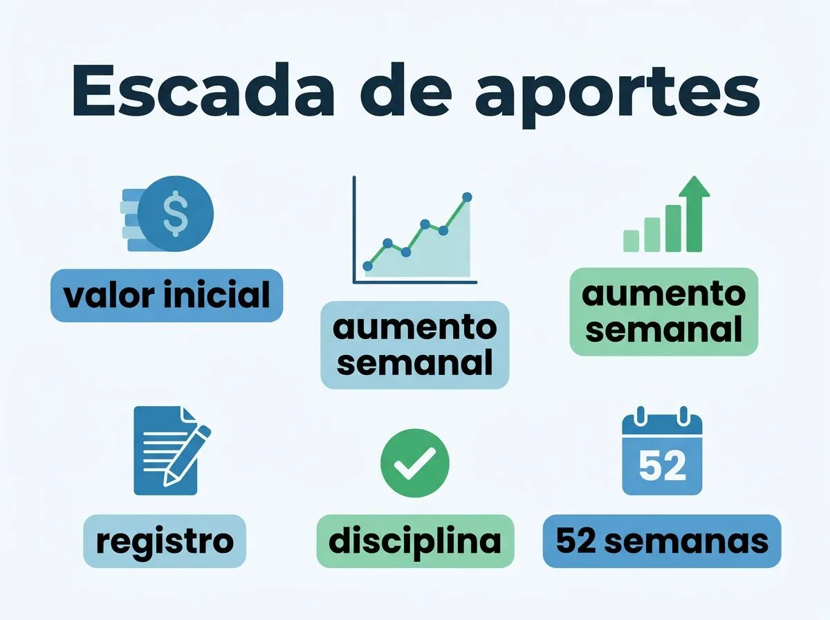 Infográfico com escada de aportes e passos para montar um plano de 52 semanas