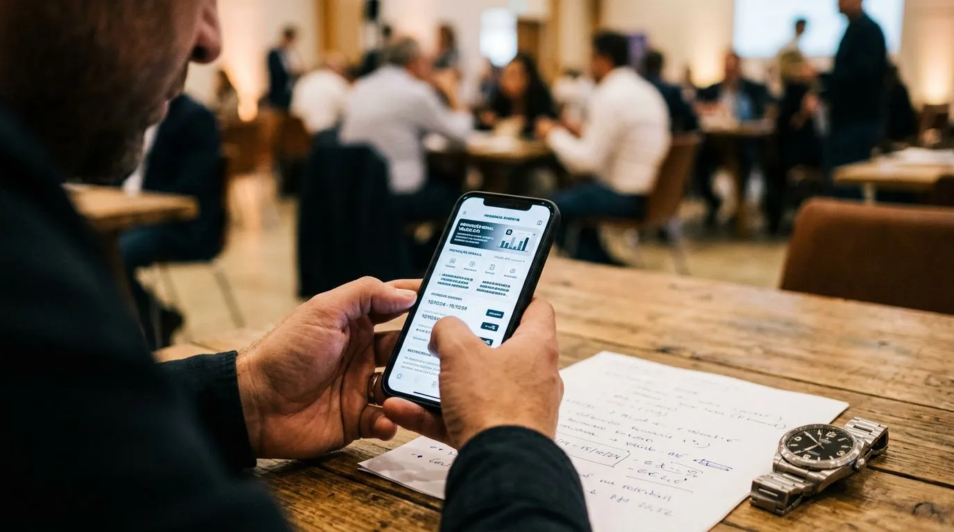 Conferência de detalhes de uma oferta de viagem em smartphone, com objetos de apoio na mesa, sem texto legível.