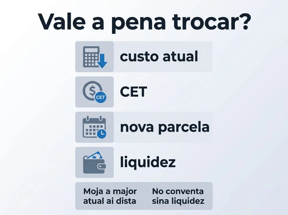 Infográfico com etapas para comparar CET e custos, avaliando nova parcela e liquidez ao usar empréstimo com garantia para quitar dívidas.