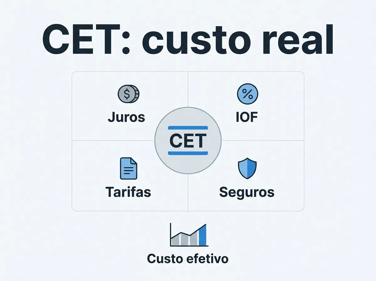 Infográfico sobre CET no empréstimo pessoal com componentes do custo real, sem incluir logos.