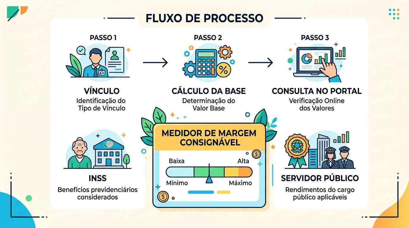 Infográfico com passos para entender a margem consignável e onde consultar no INSS e no Portal do Servidor
