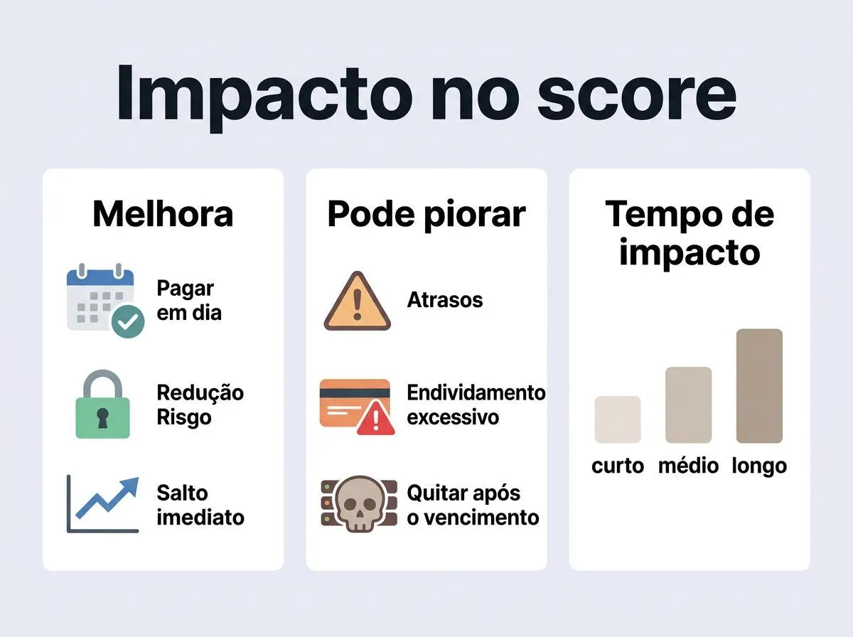 Infográfico com itens que aumentam ou reduzem a pontuação e como o efeito pode aparecer no tempo.