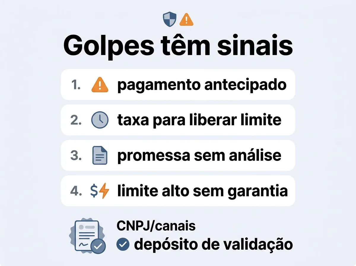 Infográfico com checklist de sinais de golpe em ofertas de cartão para negativados, com ícones de alerta e verificação.