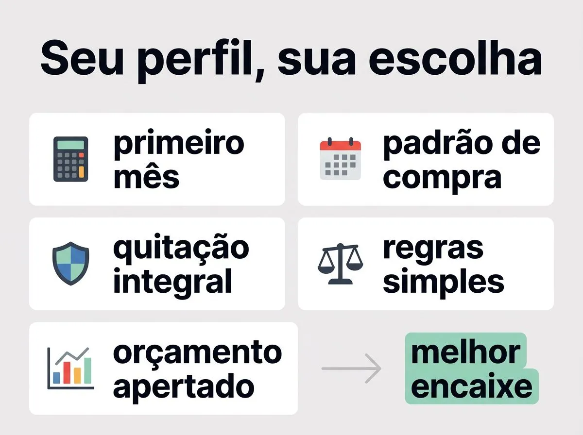 Infográfico com passos e critérios para escolher cartão sem anuidade conforme o perfil de uso