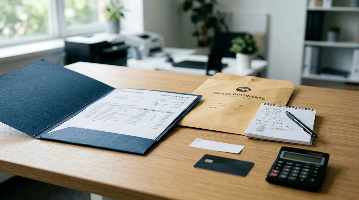 Fatura e itens de viagem sobre a mesa para representar comparação de resgate com cashback, desconto ou voucher, sem texto legível.