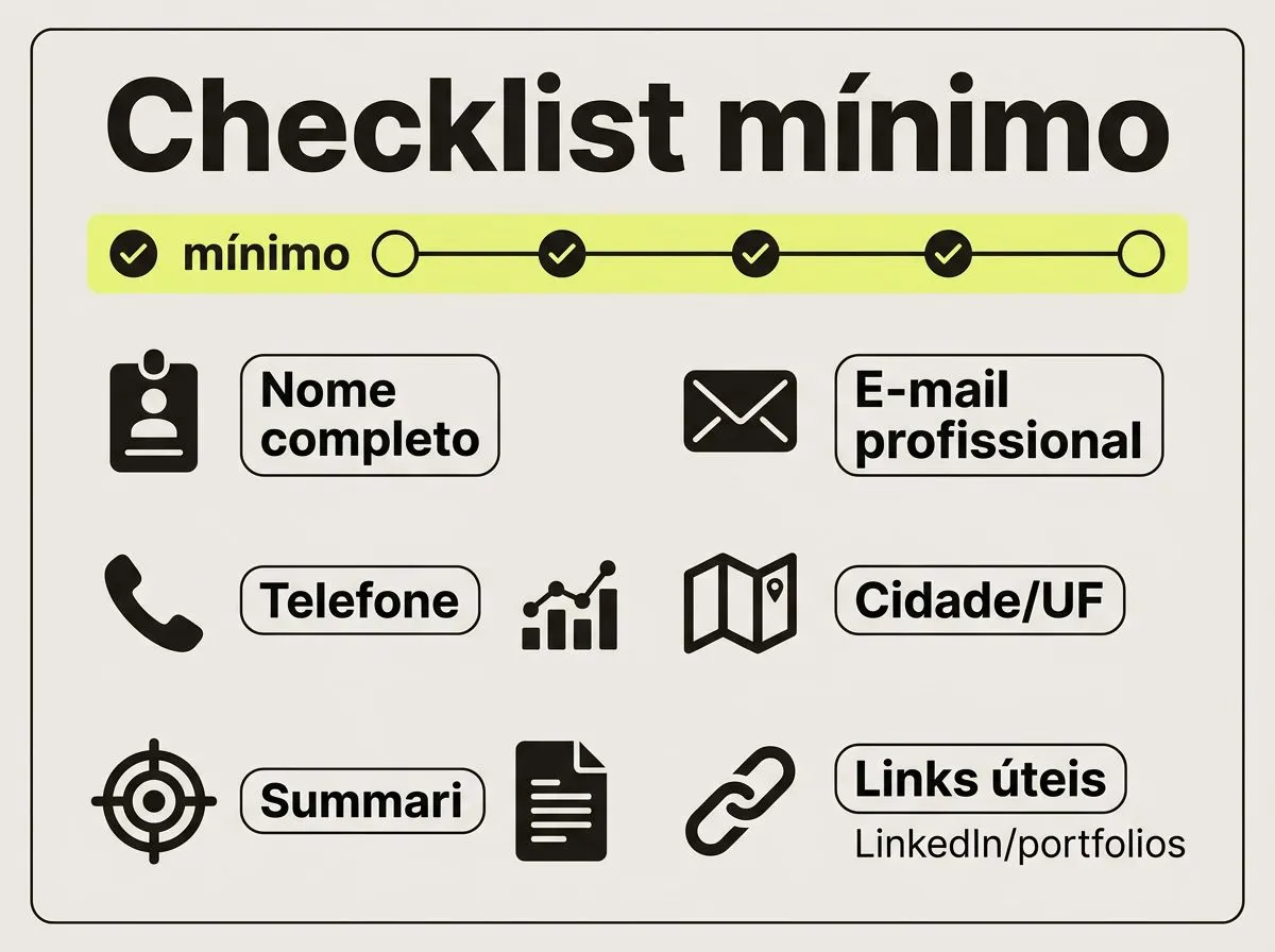 Infográfico com ícones e rótulos mostrando os dados essenciais mínimos do currículo para vaga júnior.