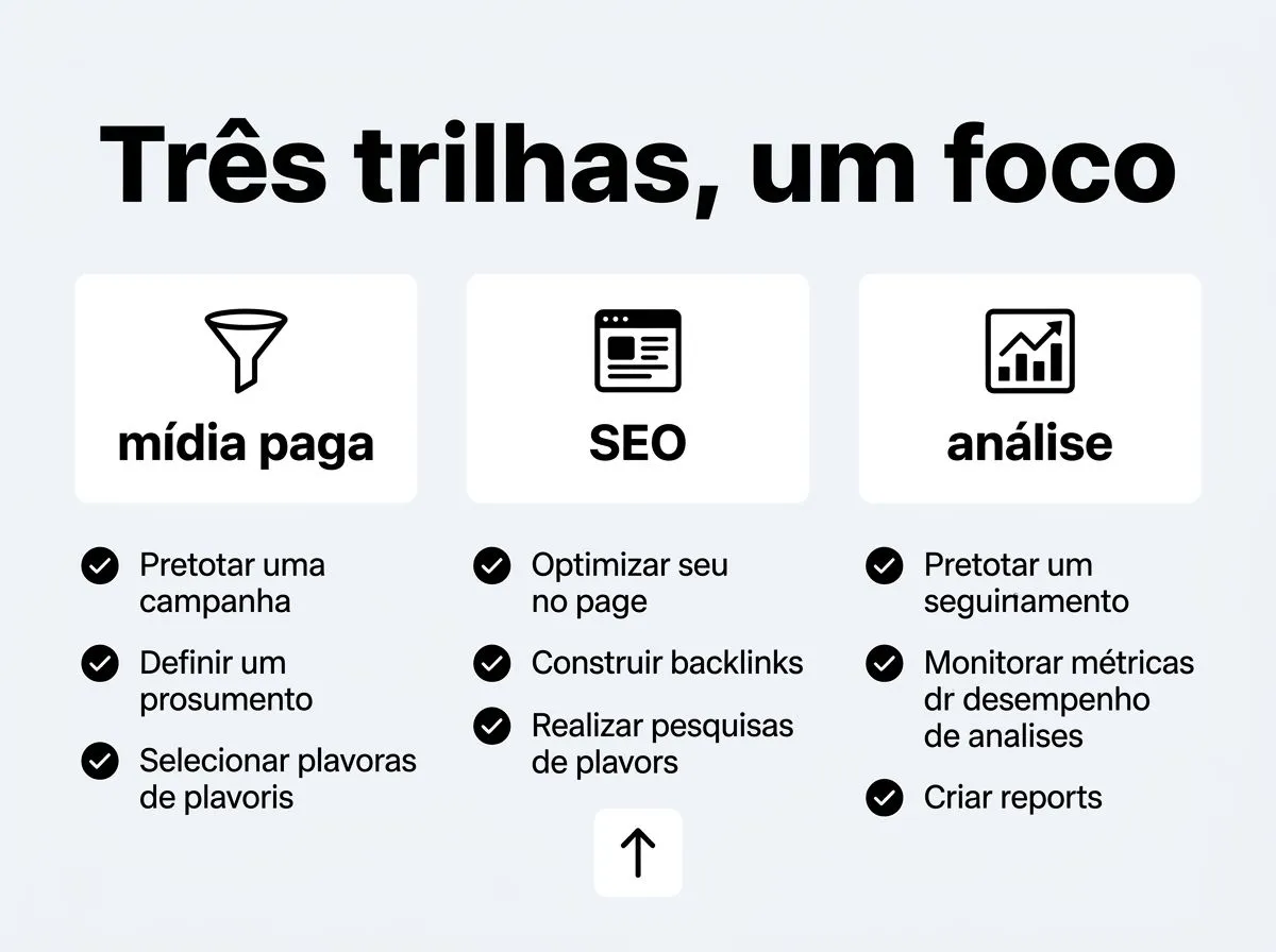 Infográfico com três trilhas de marketing digital: tráfego, conteúdo e análise, ajudando iniciantes a escolherem o caminho.