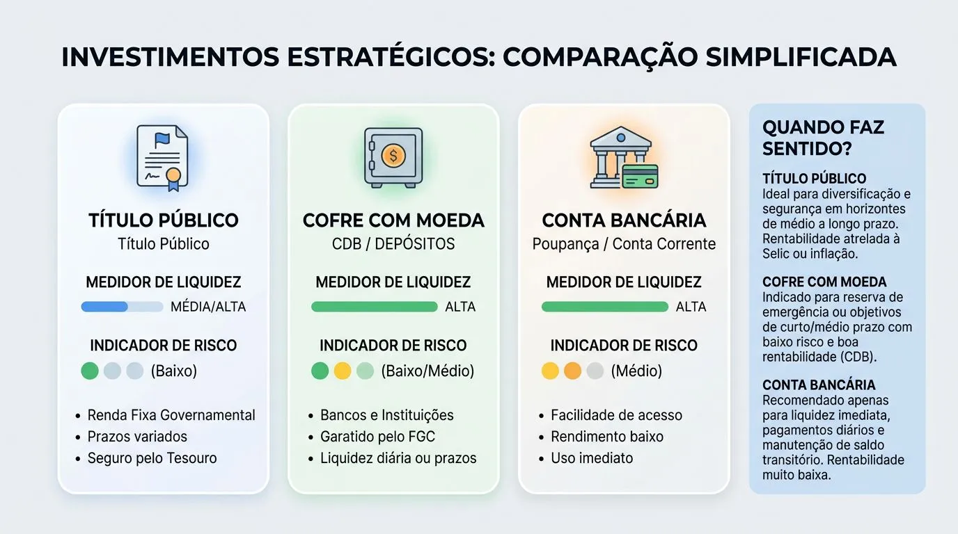 Comparativo visual entre Tesouro Selic, CDB com liquidez diária e conta remunerada, destacando liquidez e risco para reserva de emergência.