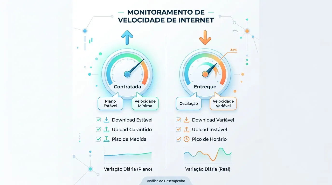Infográfico comparando velocidade contratada e velocidade entregue com download e upload, mostrando variação ao longo do dia.