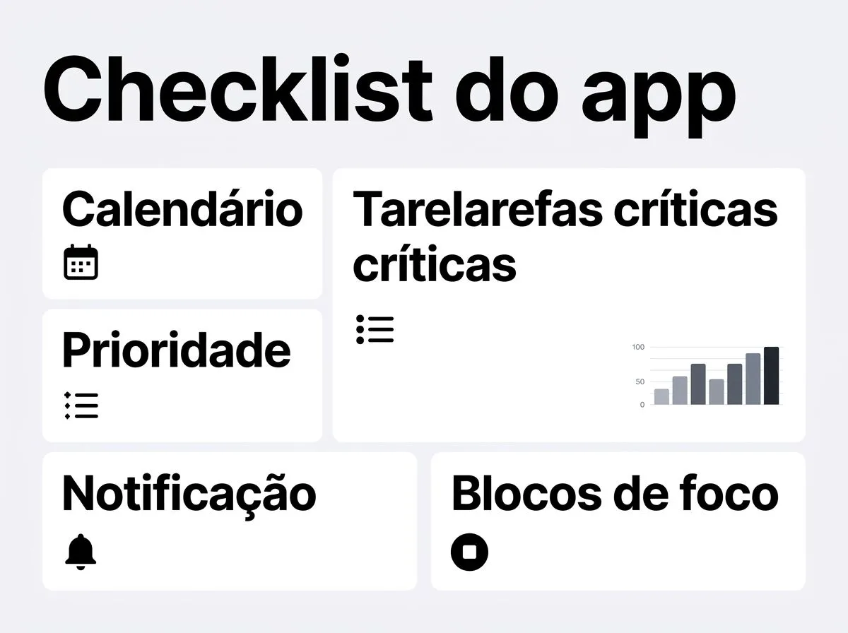 Infográfico checklist com caixas de seleção para revisar organização de calendário, tarefas, prioridade, notificações e blocos de foco.