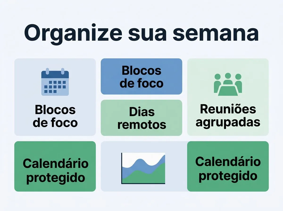 Infográfico com etapas para reservar blocos de foco, escolher dias remotos e agrupar reuniões.