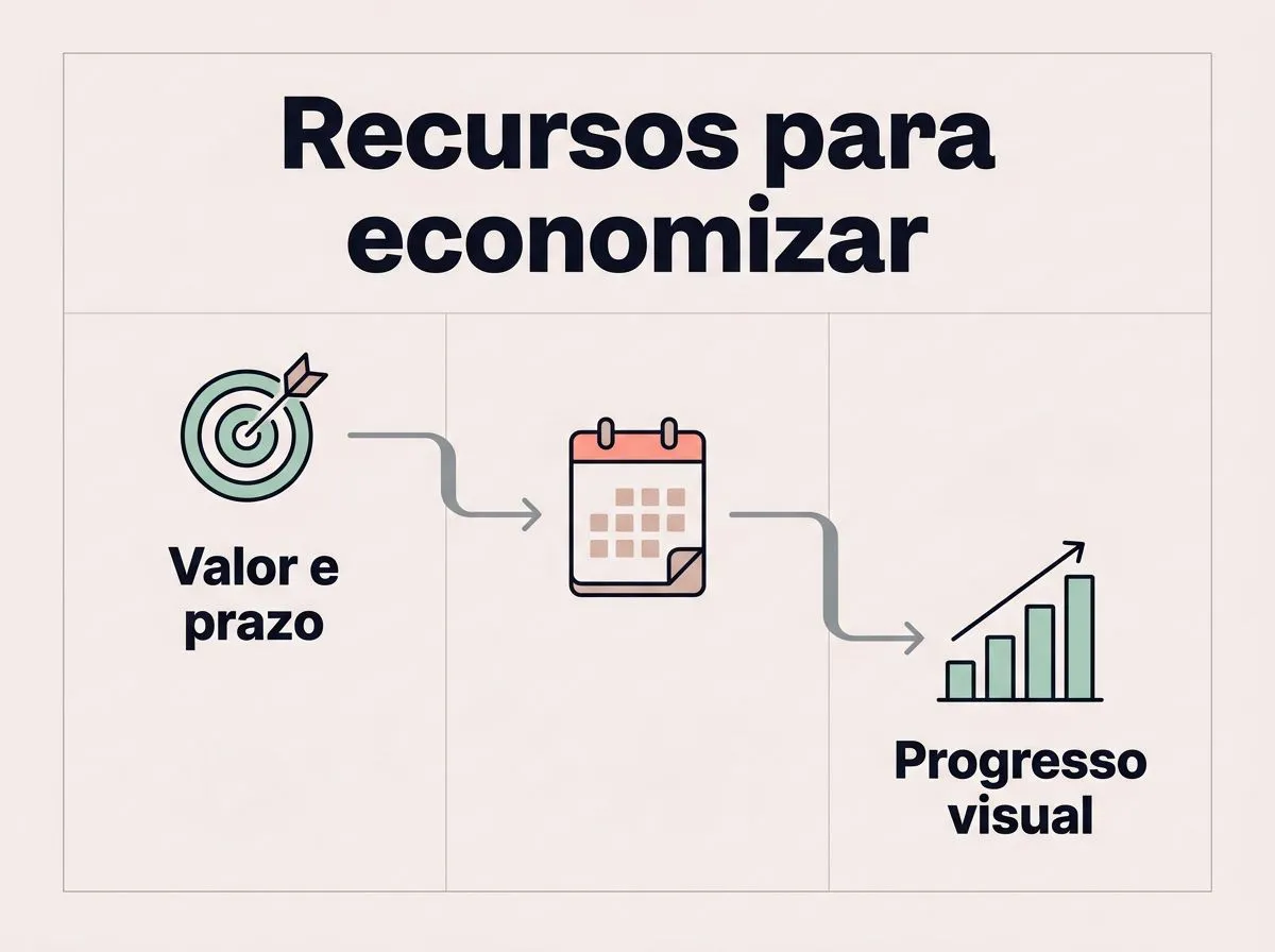 Infográfico mostra uma meta com valor e prazo e o acompanhamento visual do progresso.
