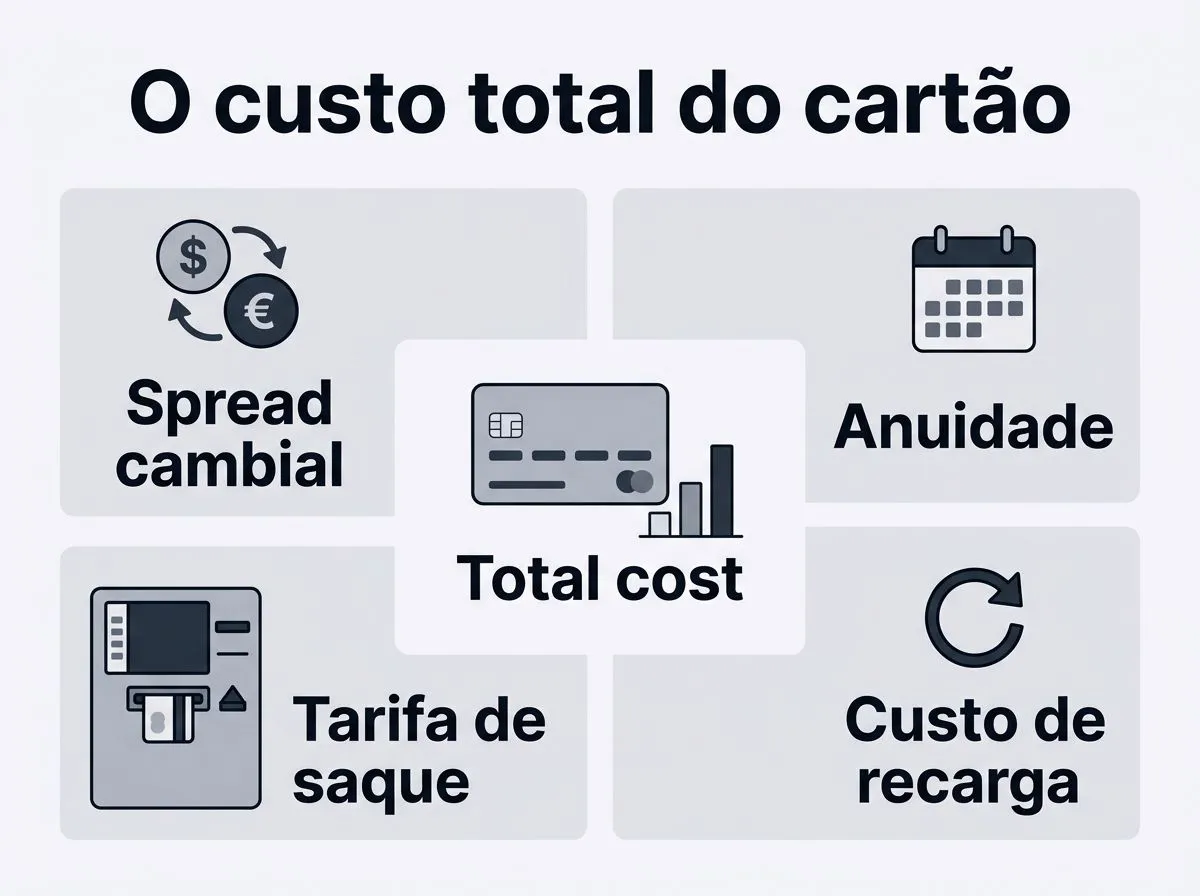Infográfico com quatro custos de cartão para viagens: spread cambial, anuidade, tarifa de saque e custo de recarga.