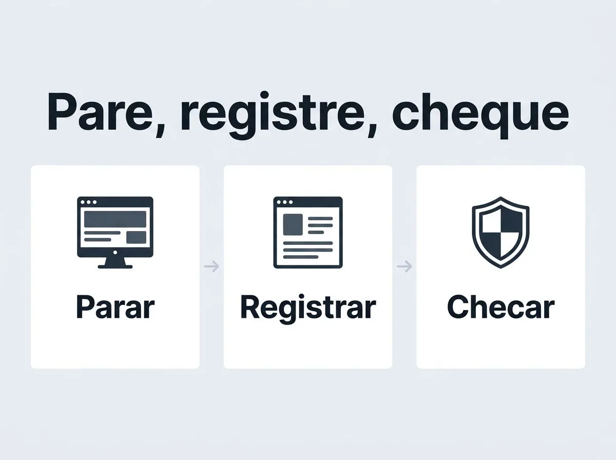 Infográfico com três passos para lidar com uma vaga suspeita: parar, registrar e checar.