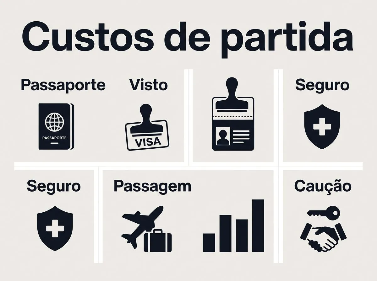 Infográfico com categorias de custos iniciais: passaporte, visto, seguro, passagem e caução